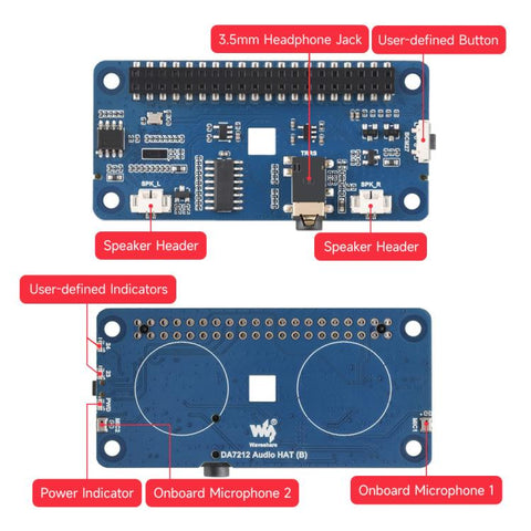 Waveshare DA7212 I2S Audio HAT Type B For Raspberry Pi Onboard Speaker Headers And EEPROM Chip