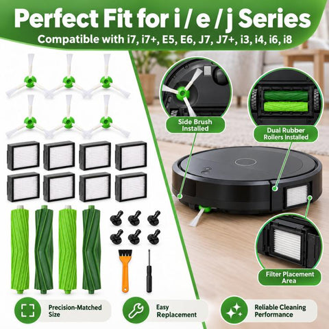 Replacement Kit For iRobot Roomba i7 / i7+ / E5 / E6, Inchuded 4 Rubber Brushes 8 Filters 6 Side Brushes, 2+8+6