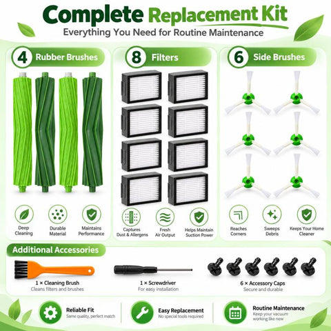 Replacement Kit For iRobot Roomba i7 / i7+ / E5 / E6, Inchuded 4 Rubber Brushes 8 Filters 6 Side Brushes, 2+8+6