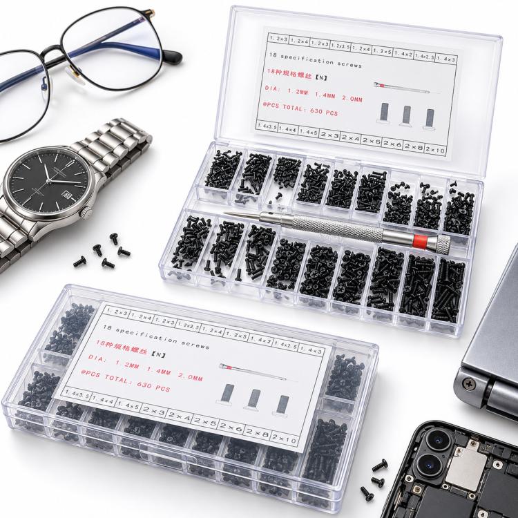 630 PCS/Box Micro Screws Kit Carbon Steel M1.2 / M1.4 / M2.0 Small Screws Set with Screwdriver