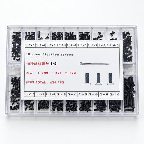 630 PCS/Box Micro Screws Kit Carbon Steel M1.2 / M1.4 / M2.0 Small Screws Set with Screwdriver