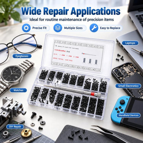 630 PCS/Box Micro Screws Kit Carbon Steel M1.2 / M1.4 / M2.0 Small Screws Set with Screwdriver