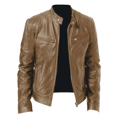 Winter Motorcycle Multi-Pocket PU Jacket With Stand-Up Collar Zip-Up Gesign, 4XL, 5XL