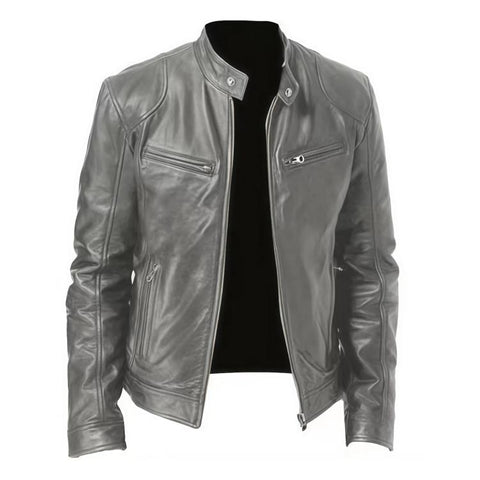 Winter Motorcycle Multi-Pocket PU Jacket With Stand-Up Collar Zip-Up Gesign, 4XL, 5XL