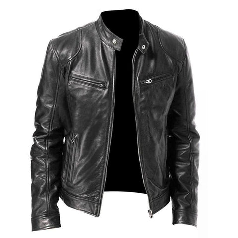 Winter Motorcycle Multi-Pocket PU Jacket With Stand-Up Collar Zip-Up Gesign, 4XL, 5XL