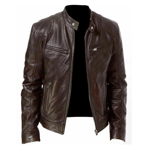 Winter Motorcycle Multi-Pocket PU Jacket With Stand-Up Collar Zip-Up Gesign, 4XL, 5XL