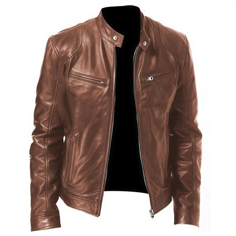 Winter Motorcycle Multi-Pocket PU Jacket With Stand-Up Collar Zip-Up Gesign, 4XL, 5XL