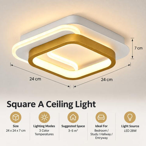 LED Flush-Mount Ceiling Light with Three-Color Dimming For Hallways and Entryways, Square Model A Black, Square Model A Gold, Square Model A White