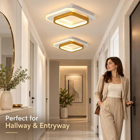 LED Flush-Mount Ceiling Light with Three-Color Dimming For Hallways and Entryways, Square Model A Black, Square Model A Gold, Square Model A White