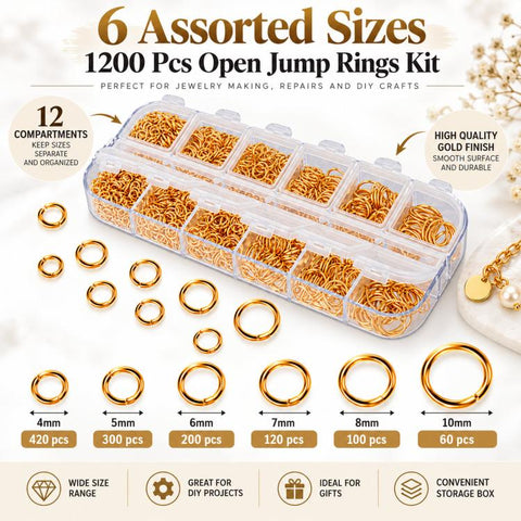 1200 PCS/Box Jewelry Open Jump Rings Kit 6 Assorted Sizes 4mm 5mm 6mm 7mm 8mm 10mm