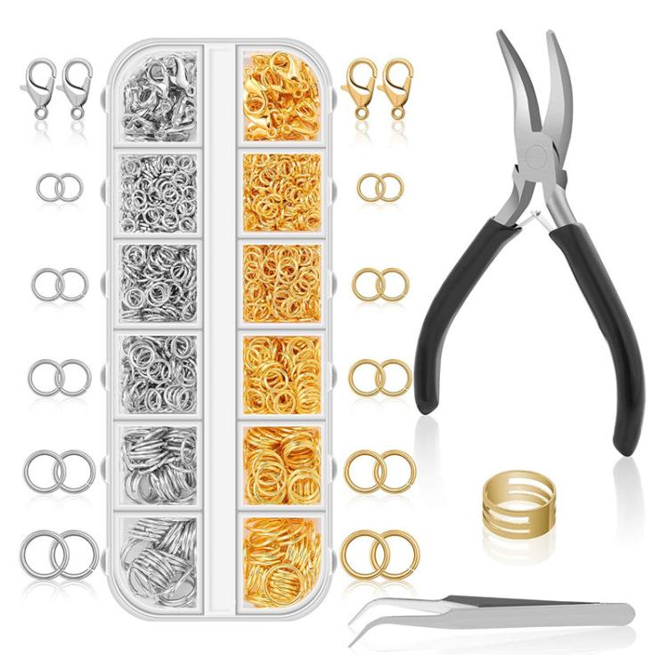 1040 PCS/Box Jewelry Making Kit 40 Pcs Lobster Clasps & 1000 Pcs 5-Size Jump Rings 4mm-10mm, With Tool K-White++Gold, Without Tool K-white Gold, With Tool K-White, Without Tool K-white