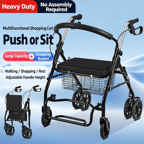 Folding Rollator Walker with Seat Heavy Duty 6-Wheel Senior Shopping Cart Walker, Black/Fabric Bag/No Pedal, Black/Wire Basket /No Pedal, Black/Fabric Bag/With Pedal, Black/Wire Basket/With Pedal, Red/Fabric Bag/No Pedal, Red/Wire Basket/No Pedal      ...