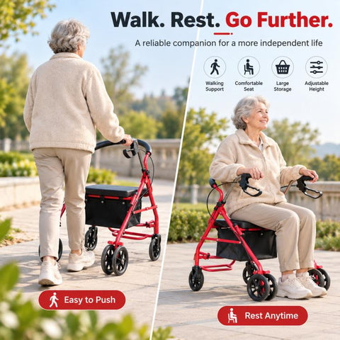 Folding Rollator Walker with Seat Heavy Duty 6-Wheel Senior Shopping Cart Walker, Black/Fabric Bag/No Pedal, Black/Wire Basket /No Pedal, Black/Fabric Bag/With Pedal, Black/Wire Basket/With Pedal, Red/Fabric Bag/No Pedal, Red/Wire Basket/No Pedal      ...