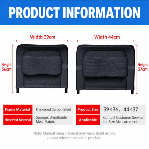 Universal Wheelchair Headrest Attachment Backrest Extension with Metal Mounting Clamps, 39x36cm, 44x37cm