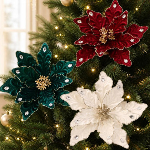 Artificial Flower Christmas Tree Ornament Festive Rhinestone-Embellished Flower Head Decorative Hanging Ornament