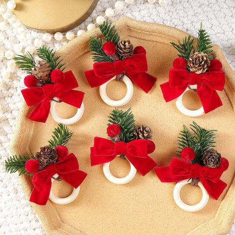 6 PCS/Pack Christmas Napkin Rings Set Red Velvet Bow Wooden Napkin Holders for Holiday Table Decor, Pom-pom, Greenery Pine Cone