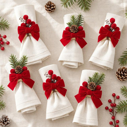 6 PCS/Pack Christmas Napkin Rings Set Red Velvet Bow Wooden Napkin Holders for Holiday Table Decor, Pom-pom, Greenery Pine Cone