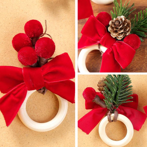 6 PCS/Pack Christmas Napkin Rings Set Red Velvet Bow Wooden Napkin Holders for Holiday Table Decor, Pom-pom, Greenery Pine Cone