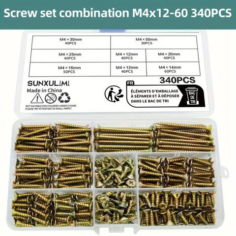 Yellow Zinc Plated Chipboard Screw Kit Flat Head Wood Screws Assortment Set, 220 PCS/Box M4 - M5, 340 PCS/Box M4, 420 PCS/Box M3 - M5