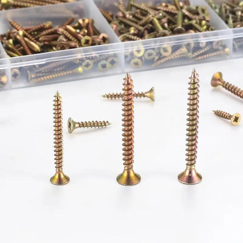 Yellow Zinc Plated Chipboard Screw Kit Flat Head Wood Screws Assortment Set, 220 PCS/Box M4 - M5, 340 PCS/Box M4, 420 PCS/Box M3 - M5