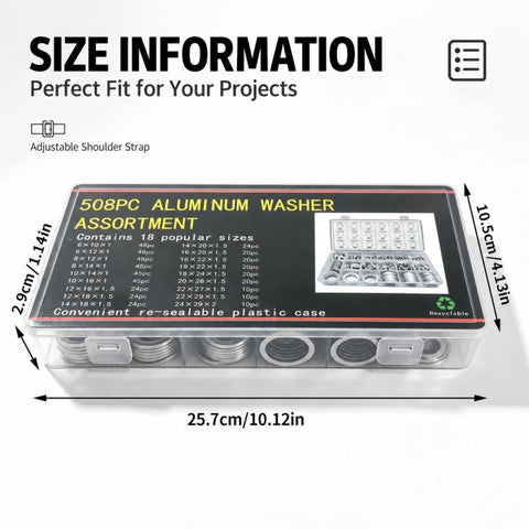 508 PCS/Box Aluminum Washer Assortment Kit Metric Sealing Flat Rings Set 6mm-24mm, Aluminum Washer