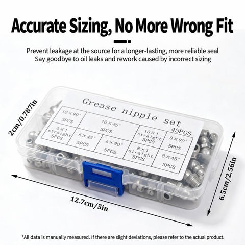 45 PCS/Box Metric Grease Nipple Assortment Kit with Straight 45-degree & 90-degree Angles