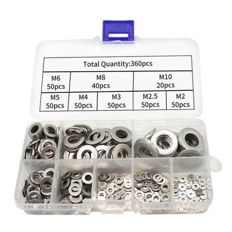 304 Stainless Steel Flat Washers Set M2-M10 Metric Sealing Gaskets Assortment Kit, 360 PCS/Box