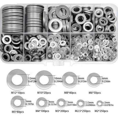304 Stainless Steel Flat Washers Set M2-M12 Metric Sealing Gaskets Assortment Kit, 1240 PCS/Box