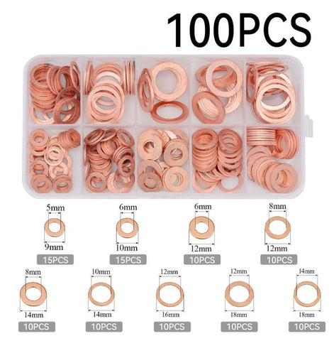 M5-M14 Copper Metric Washer Sealing Set Solid Copper Flat Ring Crush Washer Kit, 50 PCS/Box, 100 PCS/Box