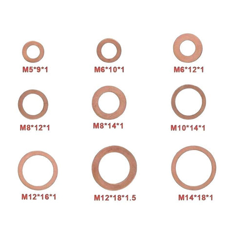 M5-M14 Copper Metric Washer Sealing Set Solid Copper Flat Ring Crush Washer Kit, 50 PCS/Box, 100 PCS/Box