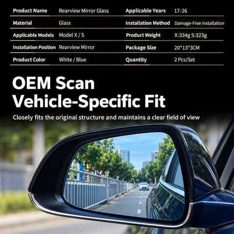 For Tesla Model 3 Wide-Angle Anti-Glare Heated Blue-Tinted Rearview Mirror Lens, White, Blue