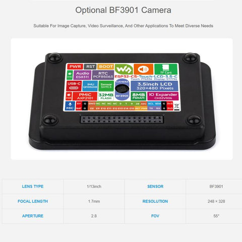 Waveshare ESP32-C5 3.5inch Rounded Corner LCD Development Board, IPS Panel, 320 × 480 Resolution, 262K Color, Without Camera, With Built-in Camera