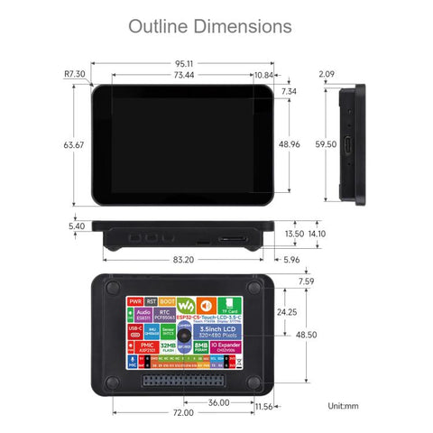 Waveshare ESP32-C5 3.5inch Rounded Corner LCD Development Board, IPS Panel, 320 × 480 Resolution, 262K Color, Without Camera, With Built-in Camera