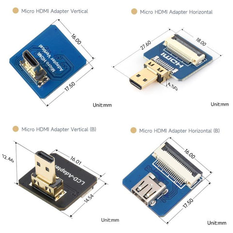 Waveshare Micro HDMI-Compatible Adapter For DIY HDMI-Compatible Cable, Vertical, Vertical B, Horizontal, Horizontal B