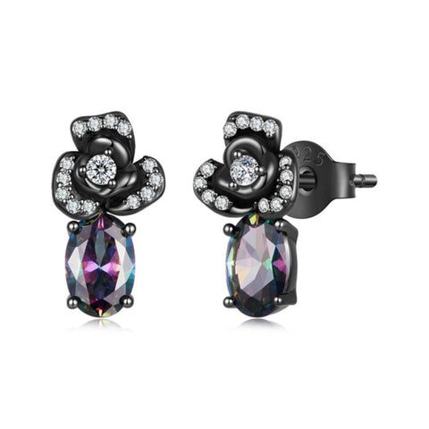 S925 Sterling Silver Gothic Dark Night Rose Zircon Hoop Earrings, SCE2053
