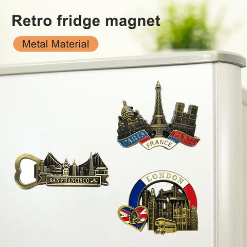 Architectural Landscape Metal Magnetic Refrigerator Stickers Home Decoration, French Panorama, Louvre, Representative Buildings in France, London, Arena, Qatar, Long Strip French Panorama, Eiffel Tower Road Sign, Golden Gate Street Opener              ...