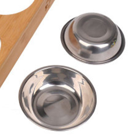 Cat Dog Pet Stainless Steel Feeding and Drinking Bowls Combination With Bamboo Frame, S, L