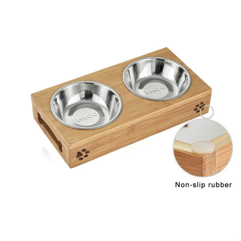 Cat Dog Pet Stainless Steel Feeding and Drinking Bowls Combination With Bamboo Frame, S, L
