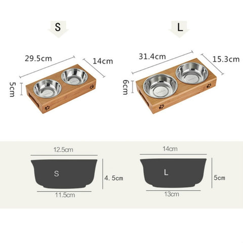 Cat Dog Pet Stainless Steel Feeding and Drinking Bowls Combination With Bamboo Frame, S, L