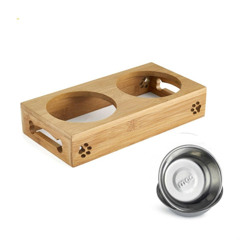Cat Dog Pet Stainless Steel Feeding and Drinking Bowls Combination With Bamboo Frame, S, L
