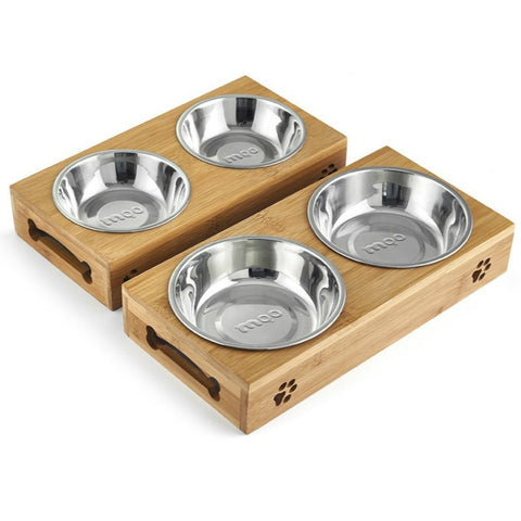 Cat Dog Pet Stainless Steel Feeding and Drinking Bowls Combination With Bamboo Frame, S, L