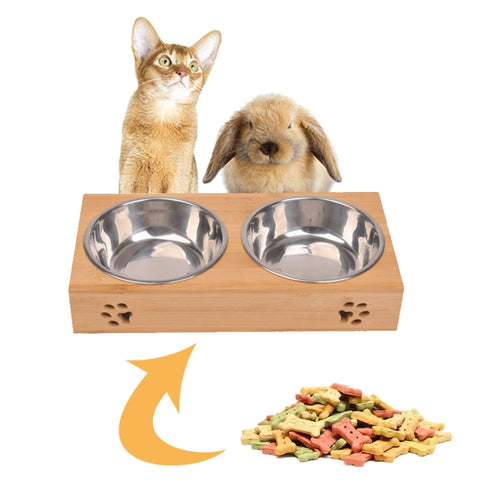 Cat Dog Pet Stainless Steel Feeding and Drinking Bowls Combination With Bamboo Frame, S, L