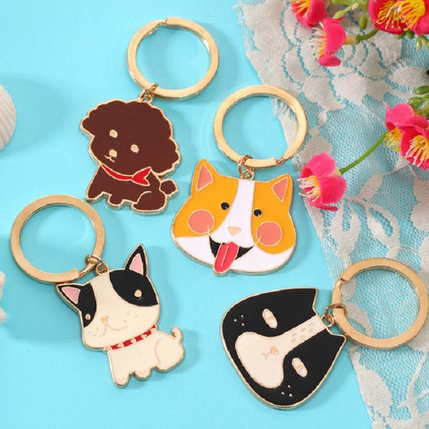 4 PCS Cartoon Animal Head Keychain Car Metal Ornament Key Ring, Black Cat, Corgi, Bulldog, Teddy