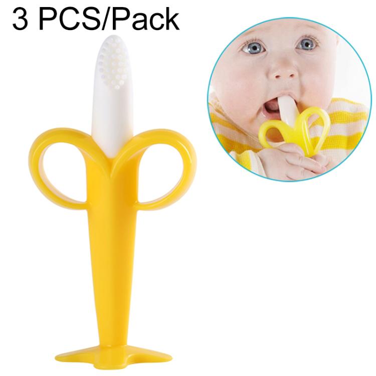 3 PCS Baby Silicone Training Toothbrush Banana Shape Safe Toddle Teether Chew Toys Teething Ring Gift for Infant Baby Chewing, Pink-B, Yellow-B