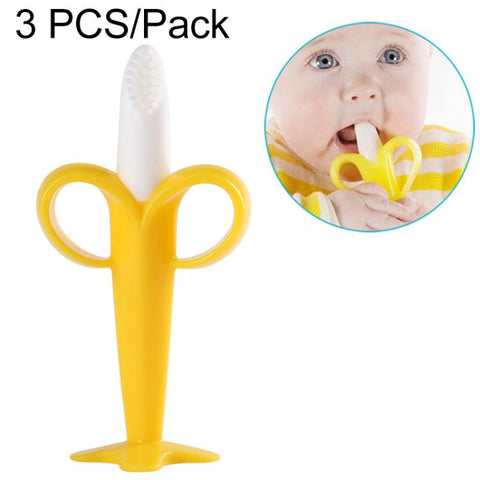 3 PCS Baby Silicone Training Toothbrush Banana Shape Safe Toddle Teether Chew Toys Teething Ring Gift for Infant Baby Chewing, Pink-B, Yellow-B