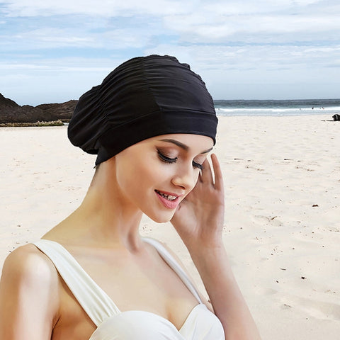 Women Earmuffs Pleated Cloth Swimming Cap, Women Swimming Cap (Black), Women Swimming Cap (Lake Blue), Women Swimming Cap (Purple), Women Swimming Cap (Rose)