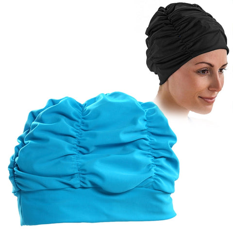 Women Earmuffs Pleated Cloth Swimming Cap, Women Swimming Cap (Black), Women Swimming Cap (Lake Blue), Women Swimming Cap (Purple), Women Swimming Cap (Rose)