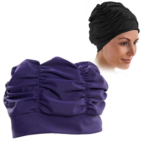 Women Earmuffs Pleated Cloth Swimming Cap, Women Swimming Cap (Black), Women Swimming Cap (Lake Blue), Women Swimming Cap (Purple), Women Swimming Cap (Rose)