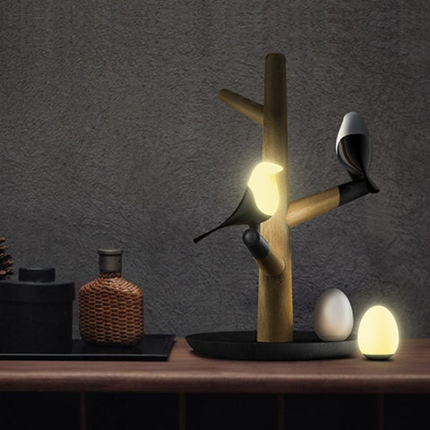 Lucky Bird LED Night Table Lamp Wood Base Intelligent Motion Sensor Living Room Bedroom Desk Light, 2 Birds 1 Egg, 2 Birds 2 Eggs