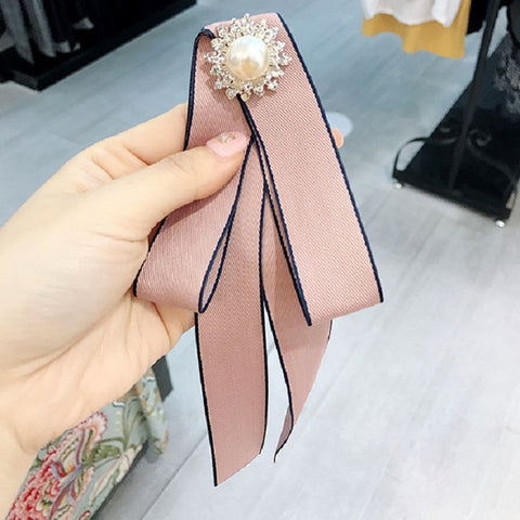 Ladies Wild Long Bow Tie Pearl Rhinestone Bow-knot Brooch Clothing Accessories